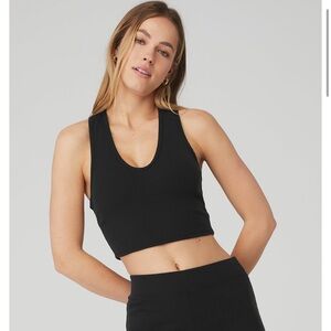 Alo Goddess Ribbed Cropped Racerback Bra Tank, Cactus Green, Size SMALL